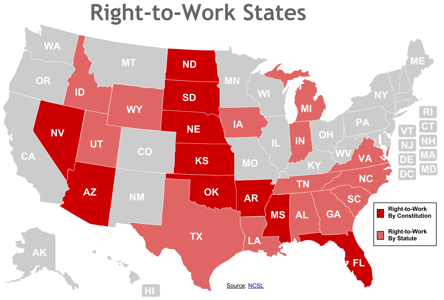 Right To Work States Vs Union States Map Map